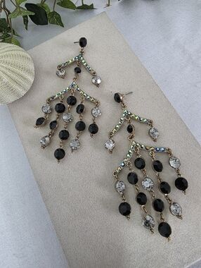 Vintage Style Black & Clear Crystal Chandelier Earrings | Antique Gold Statement